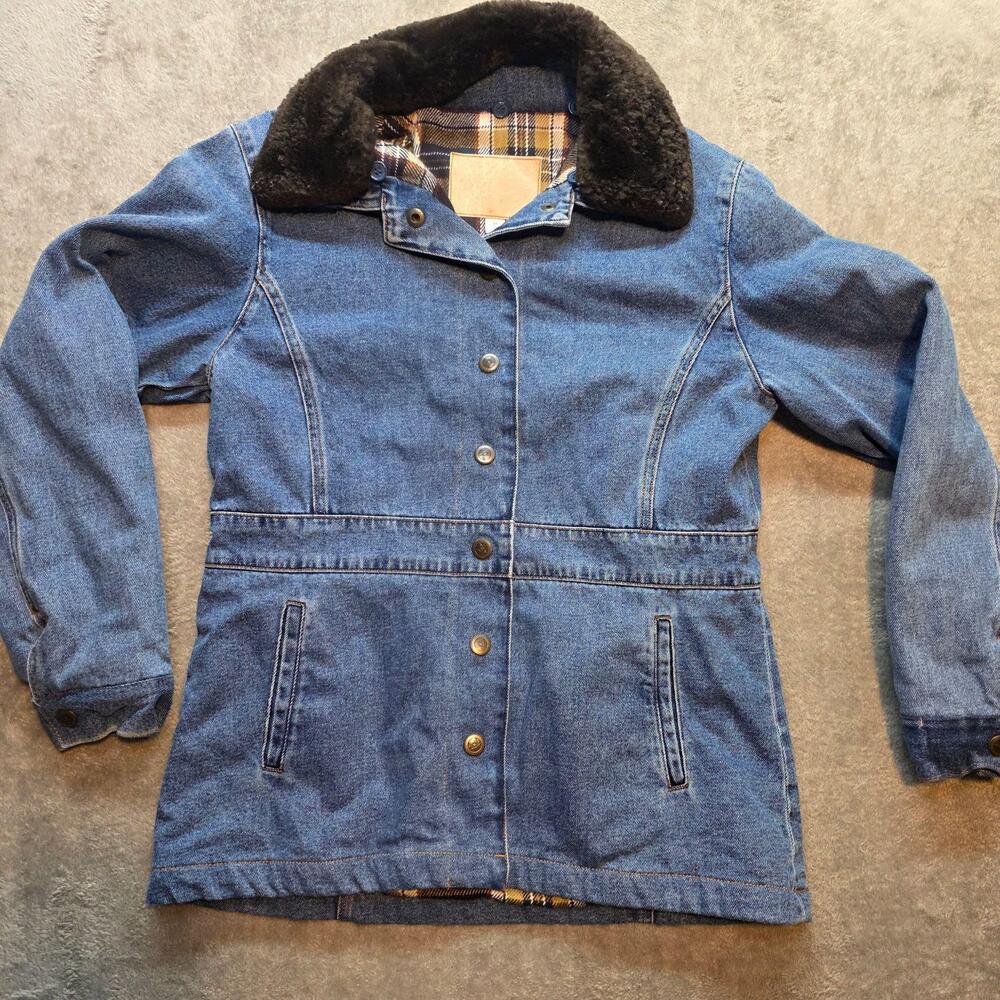 Denim Parka Coat Womens M Blue Hooded Faux Fur Collar Plaid Lined Snap Jacket